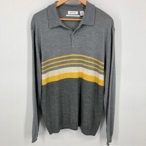 Calvin‎ Klein Merino Wool Henley Sweater Mens Large Gray Yellow Stripe